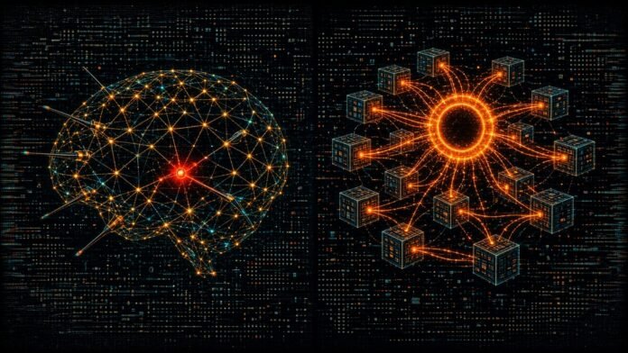 Goodfire's Probe Monitors Reach Baseten Customers; Upscale AI Unveils Token Fabric Networking A wireframe brain lattice read by probe needles with one node flagged, beside a ring of network switch blocks joined by light trails.