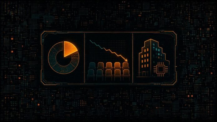 Three panels showing a pie chart with a glowing slice, rows of chairs beside a falling line chart, and an office building with a few lights switching off.