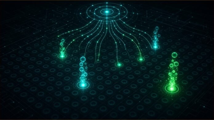 AI Lab Finds Earth-Abundant Hydrogen Catalysts | TSN Illustration of a grid of glowing reaction wells, a few releasing rising bubbles of light guided by neon data lines from a node above