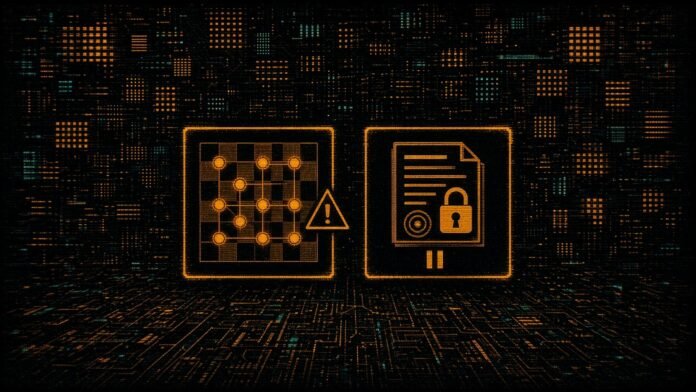 Two tiles showing a chessboard of glowing nodes with a warning triangle, and a stamped document with a padlock and pause symbol.