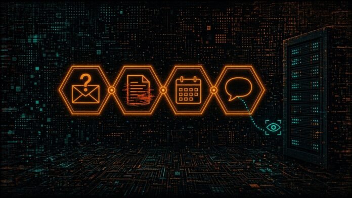 Four linked amber hexagon tiles: an envelope with a question mark, a document with bars lifting, a calendar with a quote mark, and a speech bubble with a dotted line to an eye tracker.