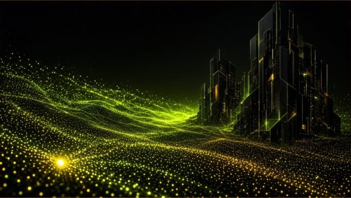 What One AI Question Really Costs in Power | TSN Illustration of a single glowing spark multiplying into a vast luminous field that flows towards dark geometric monoliths