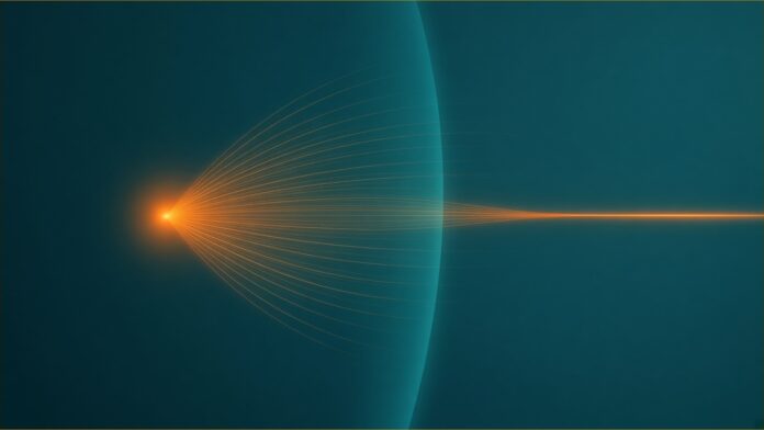 AI Reasoning Models Diagnose Better, Err More Often | TSN Illustration of AI reasoning models concept in teal and amber: a wide fan of fine amber light threads spreading from a bright point and passing through a curved teal band that gathers them into one focused amber beam.