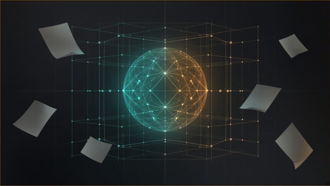 Illustration of a glowing network sphere held inside a lattice of thin rule lines with blank documents floating around it