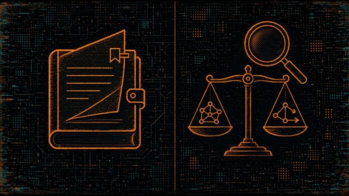 An amber rulebook with a lifted page and new tab beside balanced scales holding small agent network glyphs under a magnifying glass.