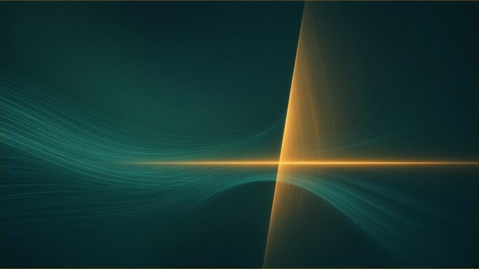 Illustration of AI training opt-out concept in teal and amber: fine teal light streams flowing from the left that curve away where they meet a glowing horizontal amber line and a translucent amber barrier plane.