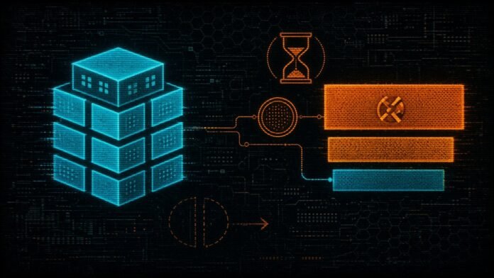 Symbol-only illustration of a data-centre block, a three-bar capital stack with an hourglass-and-coin advance payment wired to the small bar, and a dashed half-coin with an arrow pointing away.