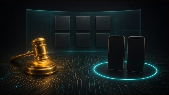 Illustration of a gold gavel on a circuit floor before six dimmed tiles behind glass and two phones in a glowing ring.