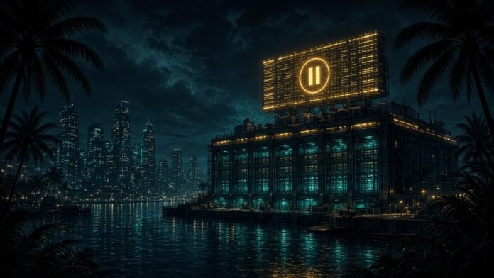 Data centre campus beside a paused stock-listing ticker over a city skyline