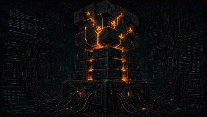AirTrunk Gets A$4.25bn Green Loan for Sydney SYD3 | TSN Illustration of a glowing amber data-centre block assembled from server modules, fed by cables from a vault of glowing blocks