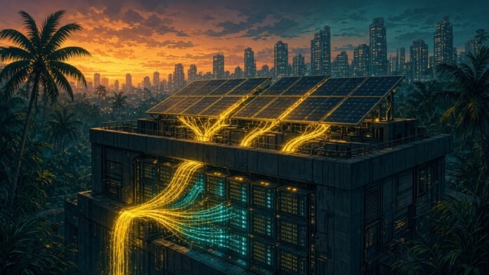 Night cityscape of rooftops with glowing solar panels linked by light lines to a distant cloud-shaped node