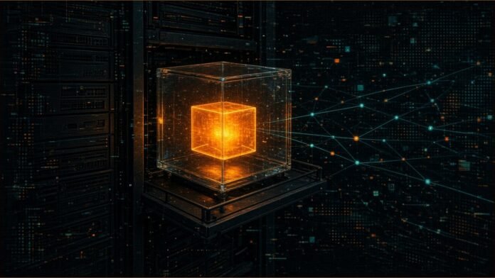 Illustration of a glowing amber cube sealed inside a glass box on a dark server rack