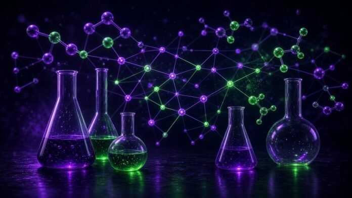 Circuit-line glass flask with glowing molecule clusters rising into a neural lattice