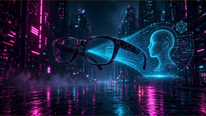 Abstract wireframe glasses over a dark grid, one lens glowing with a small eye-shaped scanning ring