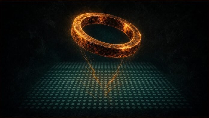 Alice & Bob: 30,000 Cat Qubits Could Break Bitcoin Key | TSN Illustration of an amber ring above a teal grid of points linked by cracks of light.