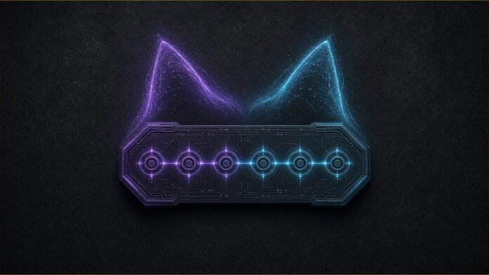 Alice & Bob Reports PROQCIMA Phase 1 Results | TSN Illustration of a quantum chip with six linked glowing qubits beneath cat-ear-shaped light.