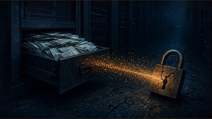 Alliance Medinet Breach Hit 110,000 Members | TSN Illustration of an open server-room drawer of blank cards spilling amber data towards a cracked padlock