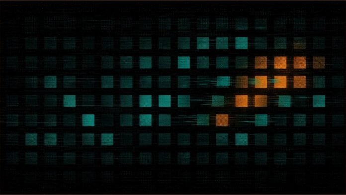 Illustration of a grid of teal squares where a patch of amber squares is being replaced by fresh teal ones.