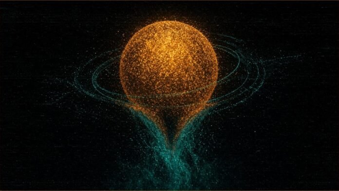 Alphabet Q3: Google Cloud Revenue Up 103% | TSN Illustration of a glowing amber particle sphere ringed by teal orbits, with teal particles draining away below.