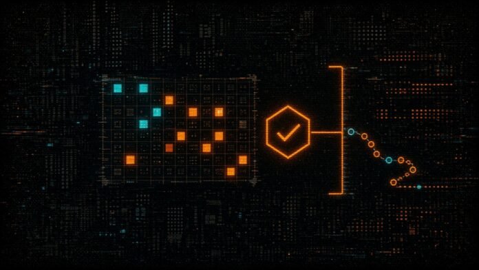 AlphaProof Nexus: 9 of 353 Erdős Problems, Authors Report Symbol-only illustration of a grid of small dim squares with a few lit in cyan and orange beside a hexagon with a checkmark joined by a thin line to a bracket-shaped proof frame on a dark circuit grid.