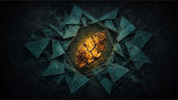Illustration of teal shards being reassembled around a cracked amber core.