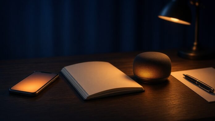 A phone, a document, and a speaker glow on a desk. A pen waits on a blank page.