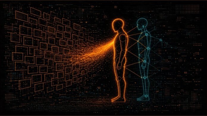 Alibaba's Amap Releases λ0 Humanoid Robot Model | TSN Illustration of a faceless humanoid robot silhouette absorbing a stream of light from a wall of video frames beside a wireframe skeleton