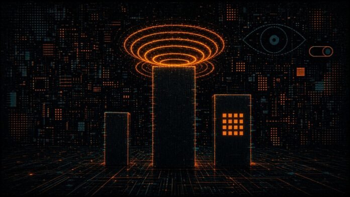Amazon Alexa Tablets: Android, the Full Google Play Store and Alexa+ Built In Three dark tablet slabs on a glowing amber circuit grid, with sound-wave rings above the tallest, an app grid on one, and an eye with an off switch to the side.
