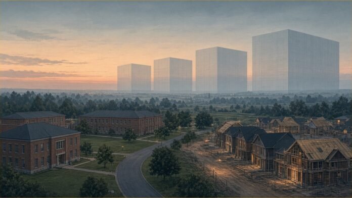 Illustration of an old brick campus at dusk, with faint outlines of four large data-centre halls fading above it and new houses being built nearby