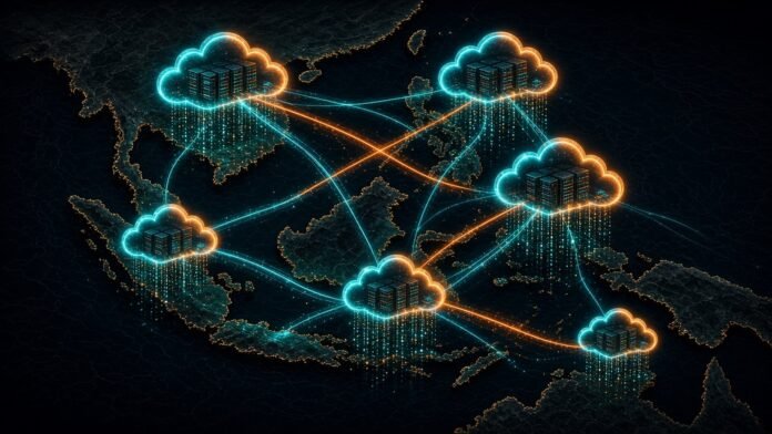 Cloud data centres linked across Southeast Asia by neon routing beams