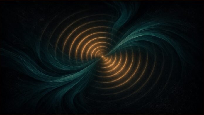 Amazon Unveils Echo Show 16, Echo Time and Echo Dot | TSN Illustration of amber wave arcs rippling from a bright point, crossed by sweeping teal ribbons.