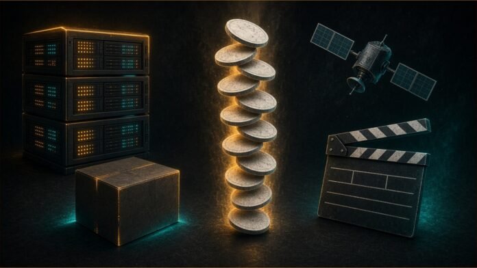 Illustration of server racks, a parcel, a satellite and a film clapper around a stack of blank coins.