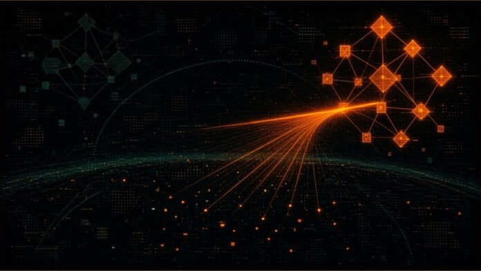 Amazon Leo's Globalstar Deal Wins FCC Approval | TSN Two clusters of abstract glowing nodes above a dark horizon, one amber and sending beams down to points on the ground.