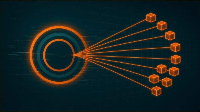 Illustration of Amazon loan facility concept in teal and amber: a row of glowing amber cubes on the right, each tethered by a thin amber line to a large concentric amber and teal ring on the left, the lines forming a fan over a faint grid.