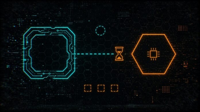 Symbol-only illustration of a cyan circuit-trace square and an orange hexagon with a small chip glyph, joined by a dashed bridge broken by an hourglass, with a blank dashed circle above and three blank dashed squares below.