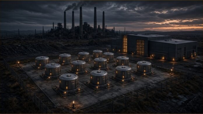 Amazon Explores 12 SMRs in Indiana | TSN Illustration of twelve small modular reactor units beside a data centre on a former coal plant site.