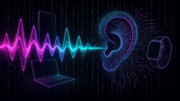 Ambi Raises $26M for Always-Listening AI on Apple Devices Neon sound wave flowing into a circuit-ear with wireframe phone, laptop and watch
