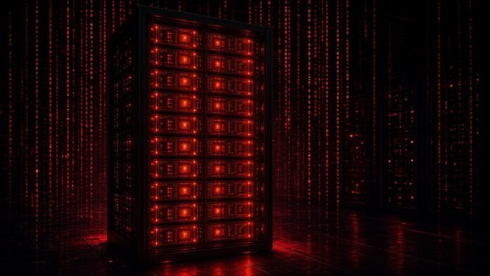 Glowing server rack packed with neon processor modules
