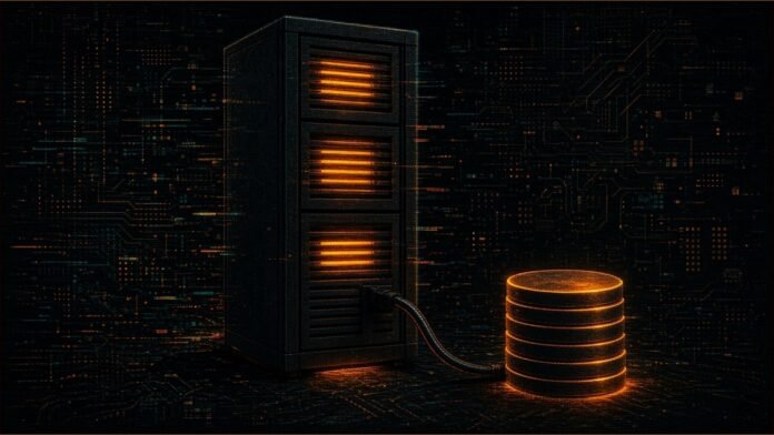 AMD to Invest $1bn in Meta Share Sale | TSN Illustration of a tall server rack glowing amber, cabled to a stack of glowing tokens in a dark lab