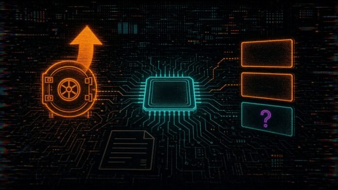 Symbol-only illustration of a ghost-outlined memory chip on a dark circuit-grid board, an orange upward arrow rising from a vault door, and three plain board outlines with the third dimmed beneath a magenta question mark.