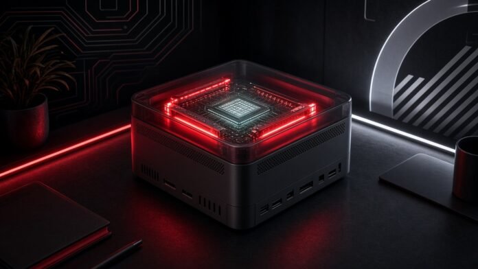Compact developer box with a glowing AI chip and stacked memory modules