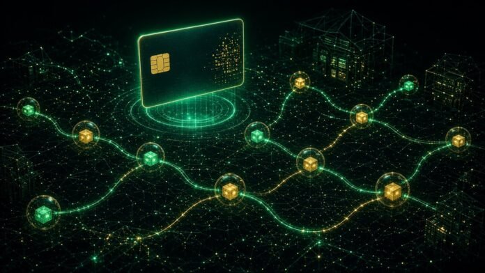 Payment card above AI shopping agents moving along verified light paths