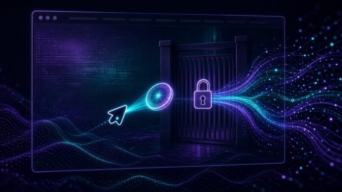 AWS and Anchor Browser Let AI Agents Pay for x402 Content Browser window where an AI agent hands a glowing stablecoin token to a paywall gate
