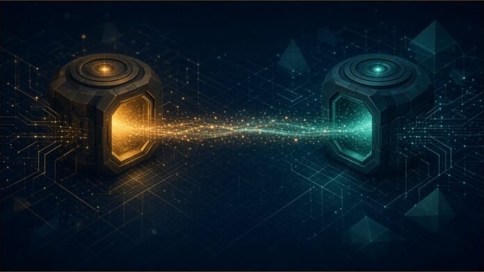 Anchorage Brings Bank-Issued Stablecoins to Securitize | TSN Illustration of two glowing vault chambers linked by a stream of amber and teal light flowing in both directions over a circuit grid