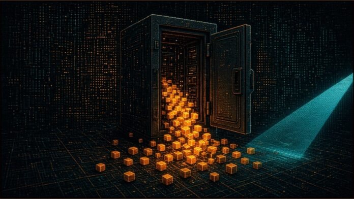and ST HD: 2.5M Customer Records May Have Leaked | TSN Illustration of an open steel vault spilling glowing amber data cubes across a dark floor under a cold cyan beam