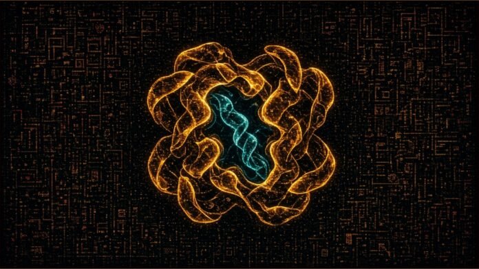 Illustration of a ribbon-like molecular structure of four amber protein units forming a pocket around a cyan strand