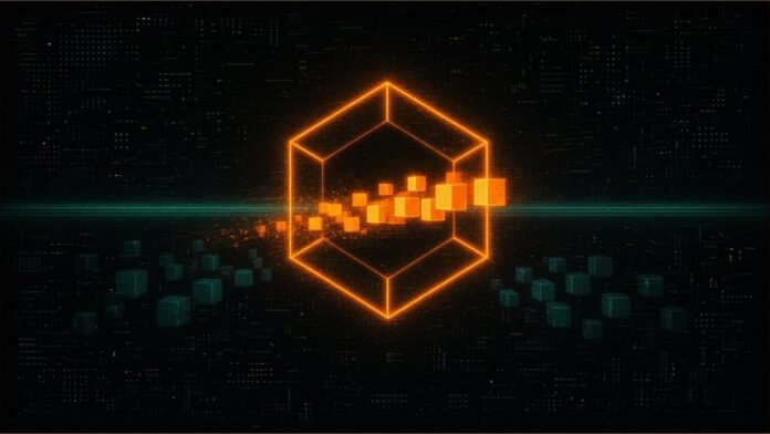 Illustration of a glowing amber hexagonal frame letting a stream of bright cubes through while dimmer cubes wait beside a teal scanning beam.