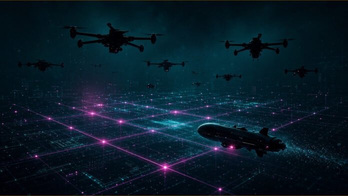 Anduril Staff Share Sale Values It Near $90bn, Bloomberg Says Glowing share certificate tiles passing through a gated window with a faint delta-wing drone in the grid