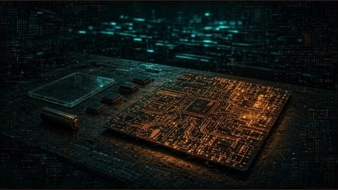 Anduril and Qualcomm Unveil US-Built BlueChip Laptop | TSN Illustration of a glowing amber circuit board on a factory bench with parts laid out in a row beside it