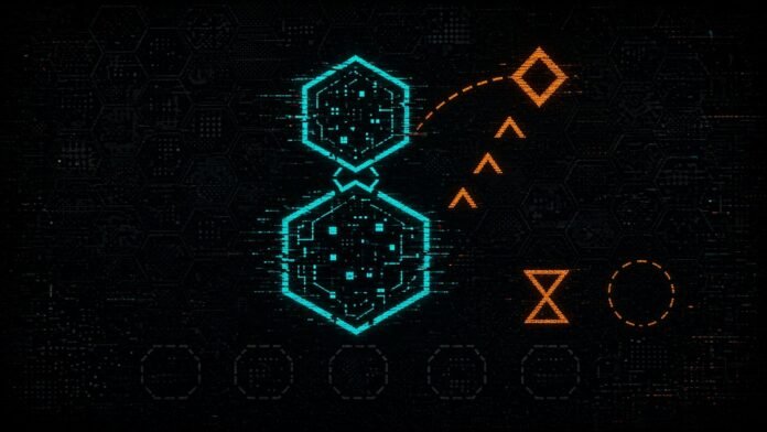 Anduril Unveils Steelfin Interceptor Missiles, Company Says Symbol-only illustration of two stacked cyan hexagons joined by a bracket, three orange chevrons rising beside them, a dashed arc stopping short of an orange diamond, an hourglass beside a blank circle, and five blank dashed hexagons along the bottom.